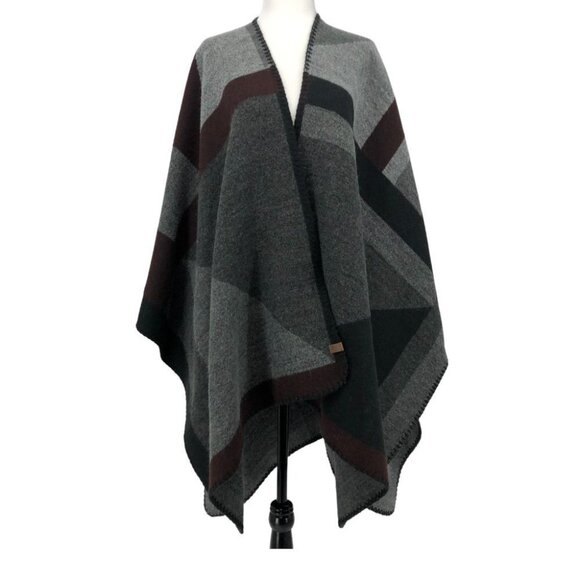 Roots Canada Luxe Acrylic Grey Burgundy  Abstract Wrap Poncho OS - Picture 1 of 13